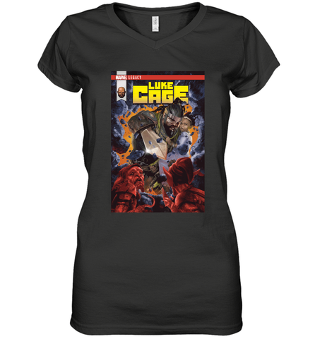 Marvel Luke Cage Power Man In Shining Armor Women's V-Neck T-Shirt Women's V-Neck T-Shirt / Black / S Women's V-Neck T-Shirt - skytshirtshop
