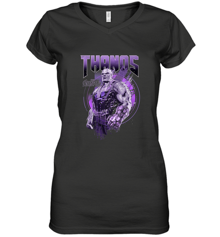 Marvel Infinity War Thanos Purple Distressed Women's V-Neck T-Shirt Women's V-Neck T-Shirt / Black / S Women's V-Neck T-Shirt - skytshirtshop
