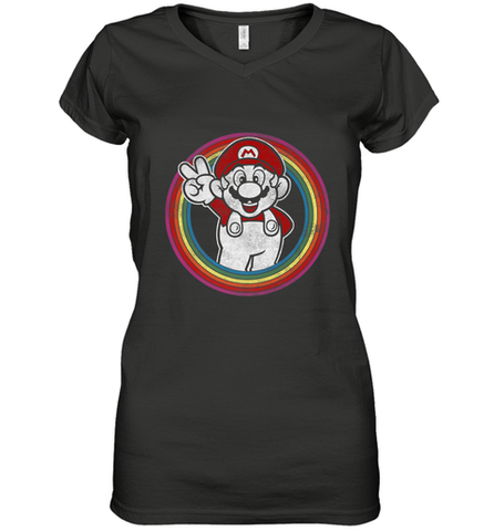 Super Mario Rainbow Circle Distressed Logo Women's V-Neck T-Shirt Women's V-Neck T-Shirt / Black / S Women's V-Neck T-Shirt - skytshirtshop