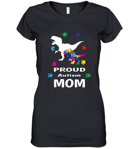 Proud Autism Mom T Rex Dinosaur Autism Awareness Women's V-Neck T-Shirt Women's V-Neck T-Shirt / Black / S Women's V-Neck T-Shirt - skytshirtshop